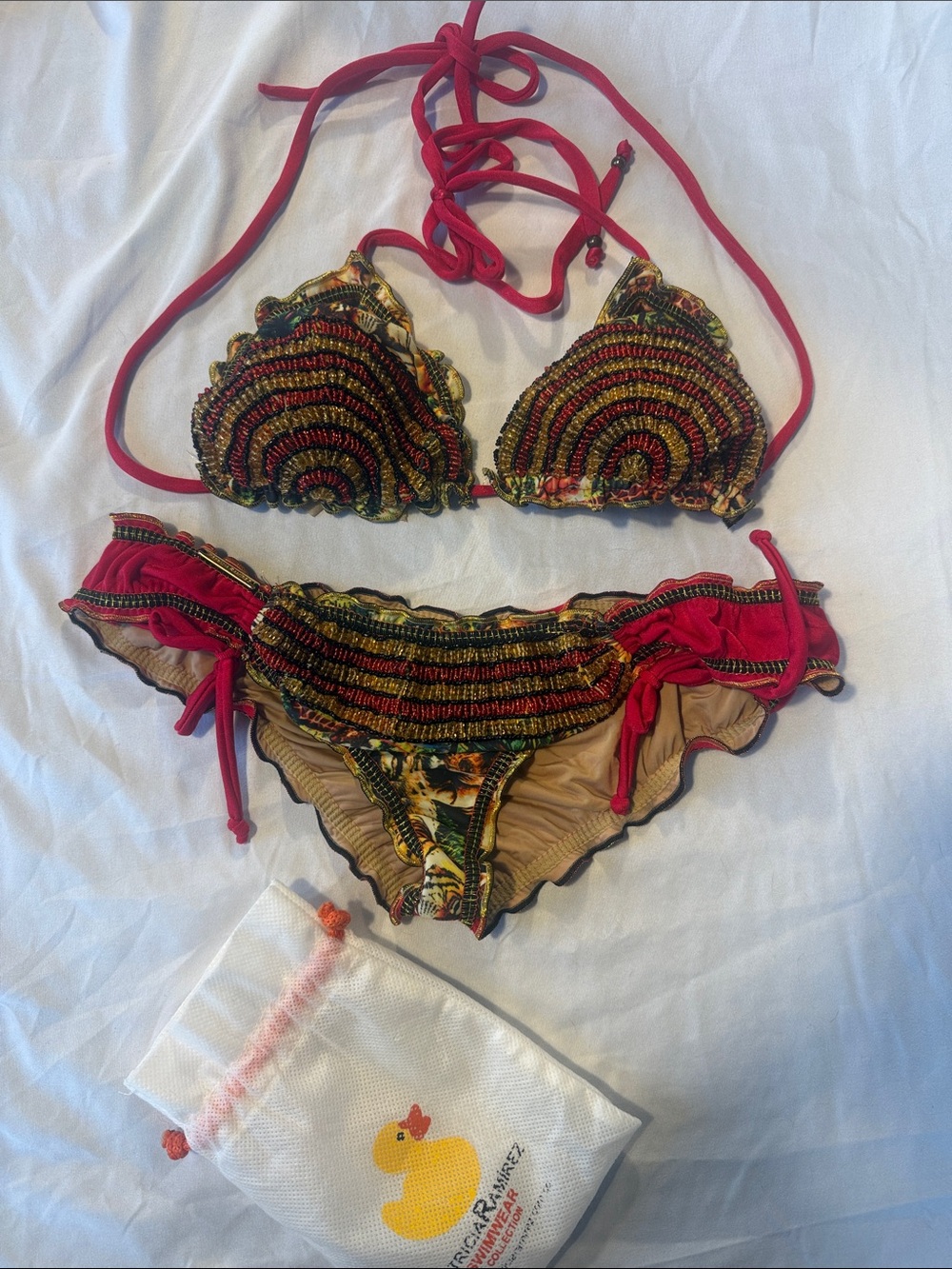 Crochet-Detail Triangle Bikini in Red and Multicolor
